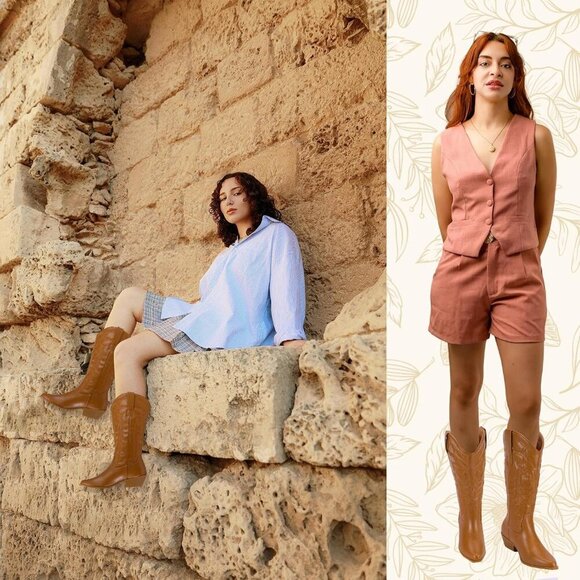 Women's Tan Pointy Toe Cowgirl Chunky Heel Boot Mid Calf Ladies Western Boots - Picture 4 of 5